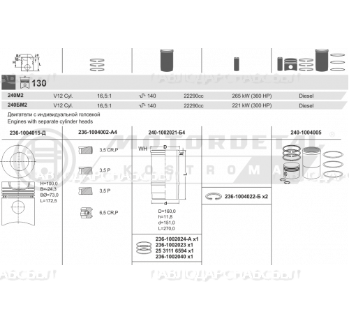 Гильза+Поршень для разд.головки 240-1004005 (КЗМД) К-701